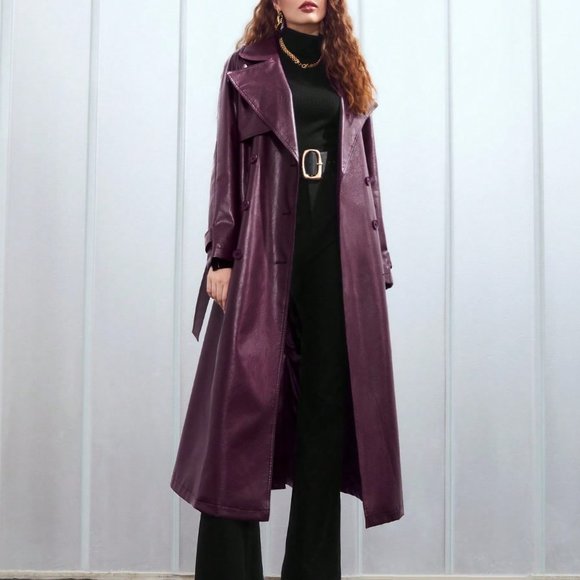 PURPLE PREPPY WOMENS PU LEATHER BELTED TRENCH COATS - Picture 4 of 5